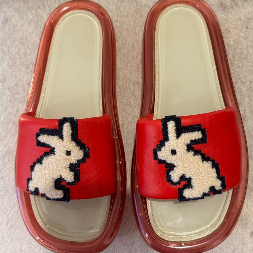 Tory Burch Red Slide Jelly Sandals with Bunny Design